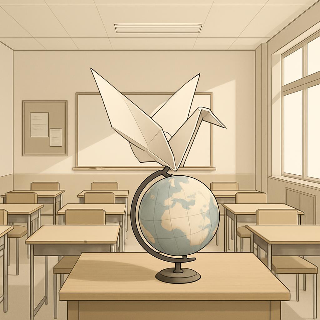 Faint, sketchy illustration of a school classroom with empty desks and chairs facing a cream and blue-colored globe with a...