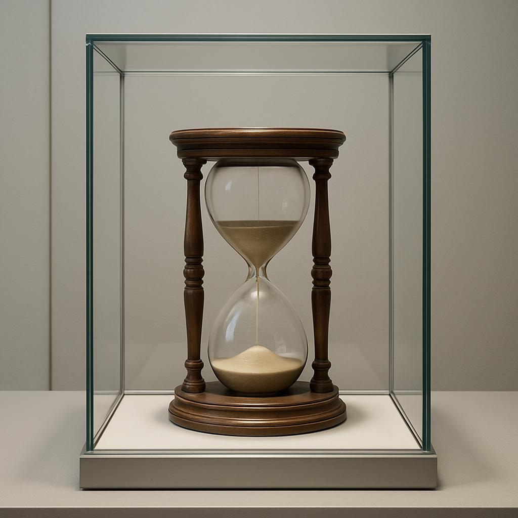 An antique-looking hourglass, displayed in a glass case, set with sand in the bottom portion.